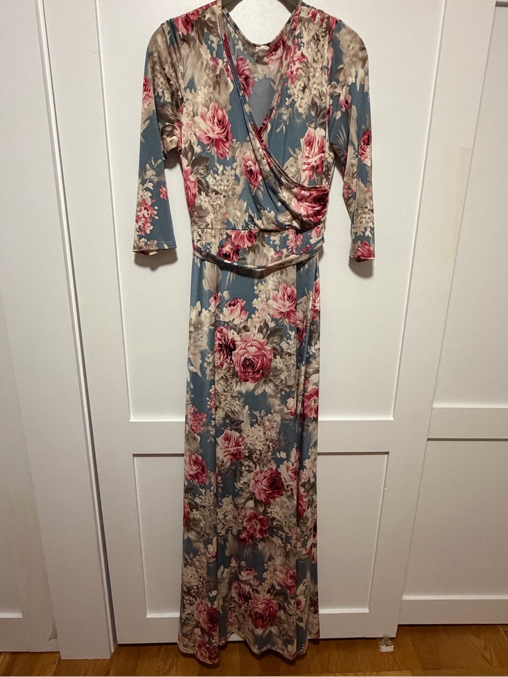 Pinkblush Blue Maxi Dress with Pink Rose Floral Print